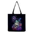 Close-up detailed view of artistic skull and floral print on black canvas tote bag - Artistic Colorful Skull and Flowers Pattern (hm6659)