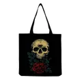 Front view detail of a large black tote bag featuring a vintage skull and red rose print. - Vintage Style Skull and Red Roses Print (hm6661)