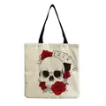 Detailed view of linen canvas tote bag with gothic skull and red roses print design - Skull Roses and Poker Ace Art Print (hm6668)