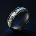 Fashionable black titanium steel ring featuring blue inlay and golden dragon pattern - Size 6 / 8MM Blue Dragon Pattern