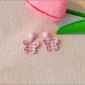 Delicate pink checkered butterfly drop earrings for women with aesthetic floral vibe - Pink Butterfly (925 Sterling Silver Earring Post)