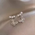 Elegant butterfly drop earrings with pearls and sparkling crystals in silver finish - Butterfly with Artificial Pearls (925 Sterling Silver Earring Post)
