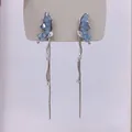 Exquisite light blue crystal butterfly wing earrings with long tassel chains - Blue Wing Tassel (925 Sterling Silver Earring Post)