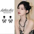 Elegant black butterfly drop earrings with S925 silver needles for a sophisticated look. - Black Butterfly Tassel (925 Sterling Silver Earring Post)