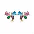 Elegant colorful butterfly stud earrings with hanging star charms and sparkling crystals - Colorful Butterfly Star (925 Sterling Silver Earring Post)