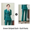 Elegant women's dark green pinstripe double-breasted professional blazer and pant suit set - S / Blazer + Pants Set / Green Stripes