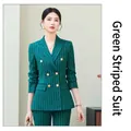 Elegant green pinstripe double-breasted blazer for women's professional office wear - S / Single Blazer / Green Stripes