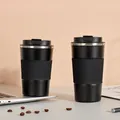Black 304 stainless steel vacuum insulated coffee cups with textured anti-slip sleeves - 380ml / Gen 3 Leather Sleeve Style / Black