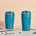 Blue 304 stainless steel vacuum insulated coffee mugs with silicone sleeves - 380ml / Gen 3 Leather Sleeve Style / Blue