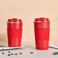 Red 304 stainless steel insulated coffee travel mugs with silicone grip in two sizes - 380ml / Gen 3 Leather Sleeve Style / Red