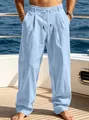 Men's loose light blue linen pants with drawstring waist for casual summer beach style - Light Blue