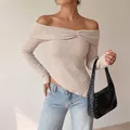 Beige off-shoulder ribbed knit long sleeve top with asymmetrical hem and slim fit design - S / Light Khaki