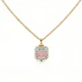 Elegant golden Mother's Day locket necklace with pink heart and MOM engraving details. - MOM Blue Locket Necklace