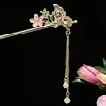 Eleganter Vintage-Schmetterlings-Haarstab mit rosa Kristallen und Perlenquasten - Rosa Schmetterling Glasur-Stil Quaste (2536)