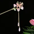 Eleganter chinesischer Schmetterlings-Haarstab mit rosa Blume und Quastenanhänger - Rosa Farbverlauf Blume Schmetterling Grünes Blatt Quaste (2544)