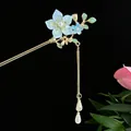 Eleganter Hanfu Haarnadel mit blauen Blumen und Perlenquasten für chinesisches Styling - Hellblaue Blume Perle Quaste (2547) / Hellblau