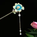 Vintage chinesische Haarspange mit blauer Blume und Perlenquasten - Blau Gelb Farbverlauf Blume Quaste Perle (2550) / Blau