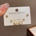 Elegant 3-pair gold-tone stud earring set with micro-pave zirconia and pearls. - 24# Gold Geometric Pearl Three-piece Earring Set (thickened Real Gold Plating)