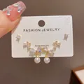 Korean style 3-piece earring set with butterfly crystals and pearls on white card - 29# Gold-tone Zircon Bow Pearl Three-piece Earring Set (thickened Real Gold Plating)