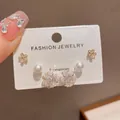 Korean style minimalist earring set featuring pearl, flower, and crystal studs - 34# Gold - Full Diamond Petal Ball Three-piece Set (thickened Real Gold Plating)