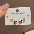 Set of elegant butterfly stud earrings with black stones and sparkling clear crystals - 46# Gold-plated Zircon Butterfly Three-piece Set (thickened Real Gold Plating)