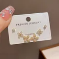 Elegant minimalist 3-pair stud earring set with gold finish and clear crystals. - 52# Gold - Full Diamond Four-leaf Clover Set Earrings (thickened Real Gold Plating)