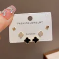 Set of 3 pairs of gold-plated clover stud earrings with crystals and black inlay - 61# Gold-plated Diamond-encrusted Four-leaf Clover Three-piece Earring Set (thickened Real Gold Plating)