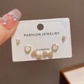 Exquisite three-pair Korean style gold stud earring set with hearts and crystal bows - 67# Gold-colored Zircon Bow Heart Three-piece Set (thickened Real Gold Plating)