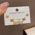 Six-piece Korean style gold bow earring set with delicate zircon and opal accents - 74# Gold - Cat's Eye Stone Bow Set (thickened Real Gold Plating)