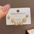 Elegant 3-piece stud earring set with gold circles, pearls and shimmering rhinestones - 75# Gold-plated Geometric Pearl Three-piece Earring Set (thickened Real Gold Plating)