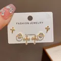 Exquisite set of six gold stud earrings featuring crosses and sparkly planet designs - 84# Gold - Zircon Planet Cross Three-piece Set