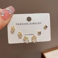 Elegant Korean style set of three minimalist clover-shaped gold stud earrings for women - 85# Gold-colored Zircon Four-leaf Clover Three-piece Set (thickened Real Gold Plating)