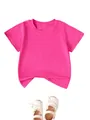 Close-up detail of a bright pink solid color short-sleeved children's T-shirt - 120cm / Rose Red