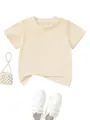 High-quality detailed view of children's soft cream solid color short sleeve T-shirt - Apricot