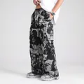 Men's high street loose wide-leg casual pants with graphic all-over print design - S / Gray Black Portrait Print