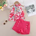 Floral halter top and button-detailed shorts two-piece summer set for girls - 90cm / Rose Red
