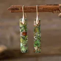 Elegant Bohemian green natural stone rectangular drop earrings with polished gold hooks - Grass Green Gold