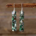Bohemian rectangular drop earrings featuring green natural stone textures on silver hooks - Green Silver