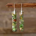 Bohemian green mosaic natural stone geometric rectangular drop earrings for women - Grass Green Silver