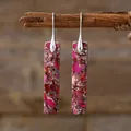 Bohemian rectangular natural stone drop earrings with pink imperial jasper - Silver Red