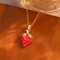 Dainty red strawberry pendant necklace with golden chain in fresh countryside style - Gold Rhinestone Leaf Strawberry (TL9343)