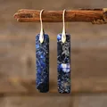 Bohemian geometric rectangular blue natural stone drop earrings with gold hooks - Blue Gold