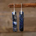 Bohemian deep blue marble stone rectangular drop earrings with elegant silver hooks. - Blue Silver