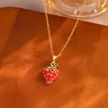 Cute red strawberry pendant necklace with golden chain, made of titanium steel - Gold Green Rhinestone Strawberry Style (TL9345)