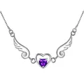 Elegant angel wings heart necklace in silver featuring a vibrant purple gemstone - Heart-shaped Purple Rhinestone / Purple
