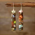 Bohemian geometric drop earrings featuring colorful natural stone mosaic pattern - Colorful Copper Gold