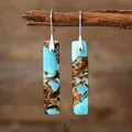Elegant Bohemian rectangular turquoise-style stone drop earrings with silver hooks - Turquoise Silver