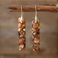 Handmade bohemian rectangular earrings with natural stone textures in golden hooks - Brown Gold