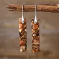 Bohemian natural stone rectangular geometric drop earrings with shiny silver hooks - Brown Silver
