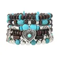 Élégant ensemble de bracelets bohèmes avec perles en bois et charms en turquoise - Style Cœur Vintage (RH9979)